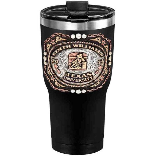 A customized tumbler made of stainless steel with a personalized engraved name and Texas University lettering with barrel racing figure, 30 oz, ideal for coffee or cool drinks